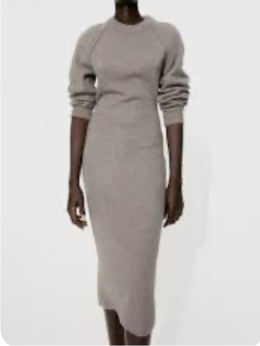 H&M Taupe Ribbed Long-Sleeve Midi Dress